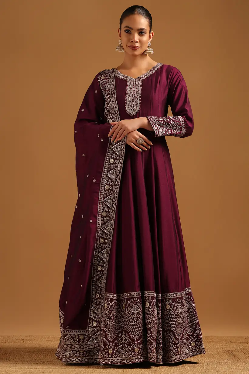 Wine Vichitra Ethnic Motifs Zari Embroidered Gown With Sequins